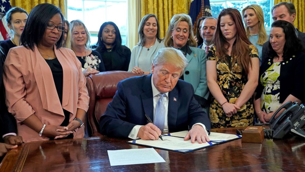 PHOTO: President Donald Trump signs H.R. 1865 "The Allow States and Victims To Fight Online Sex Trafficking Act" at the White House in Washington, April 11, 2018.