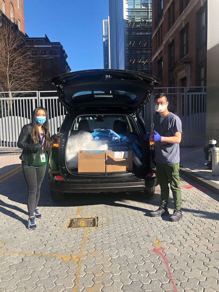PHOTO: Head of PPE2NYC Merician Venzon delivers donations to Dr. Ted Lao from Brookdale University Hospital and Medical Center in Brooklyn, New York.