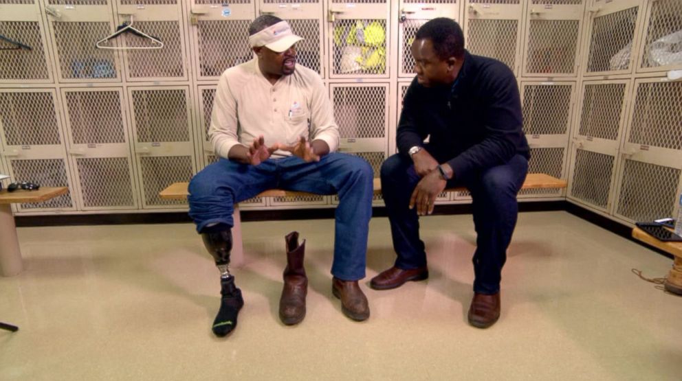 PHOTO: Donnie Lumpkin, an electric line worker, lost half of his right leg, right below his calf, in what he feared as a career-ending accident at home.