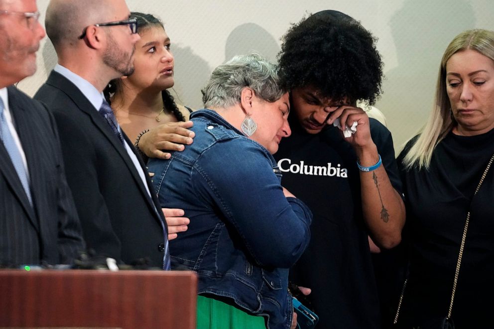 PHOTO: Rebecca Duran the mother of Donovan Lewis can't watch the police body camera video of the shooting of Donovan Lewis by Columbus police on August 30th during a press conference at the Sheraton Capital Square on Sept. 1, 2022, in Columbus, Ohio.
