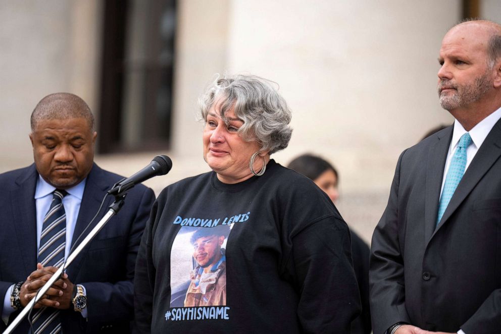 PHOTO: In this Sept. 30, 2022, file photo, Rebecca Duran, Donovan Lewis' mother, speaks during a press conference with attorneys Rex Elliott, right, and Michael Wright outside of the Ohio Statehouse, in Columbus, Ohio.