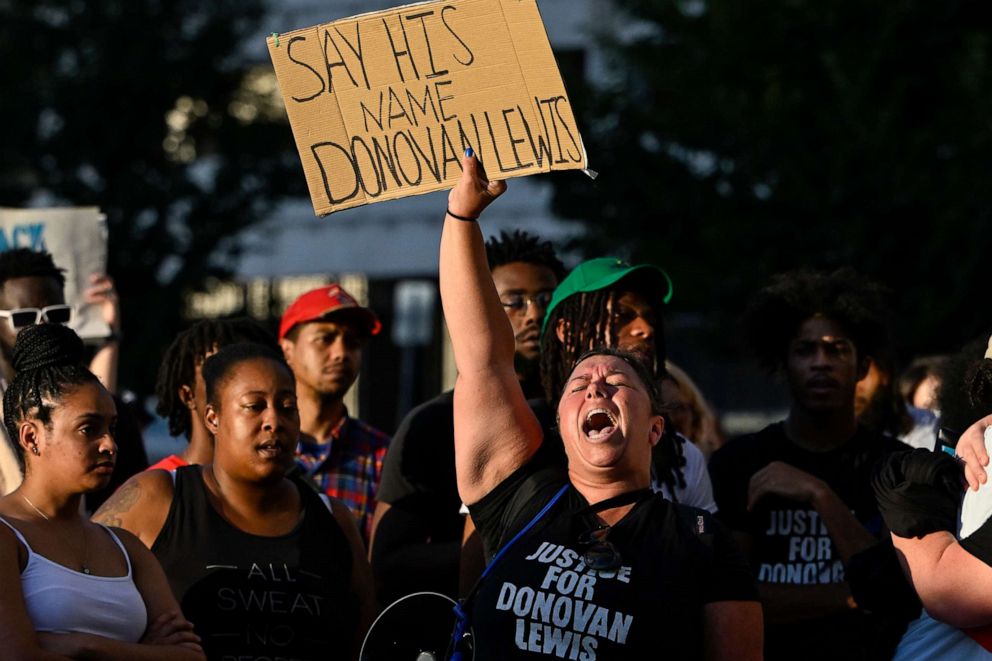 PHOTO: Family members, friends and community members attend a rally in the name of Donovan Lewis at the Columbus Division of Police Headquarters in Columbus, Ohio, Sept. 2, 2022.