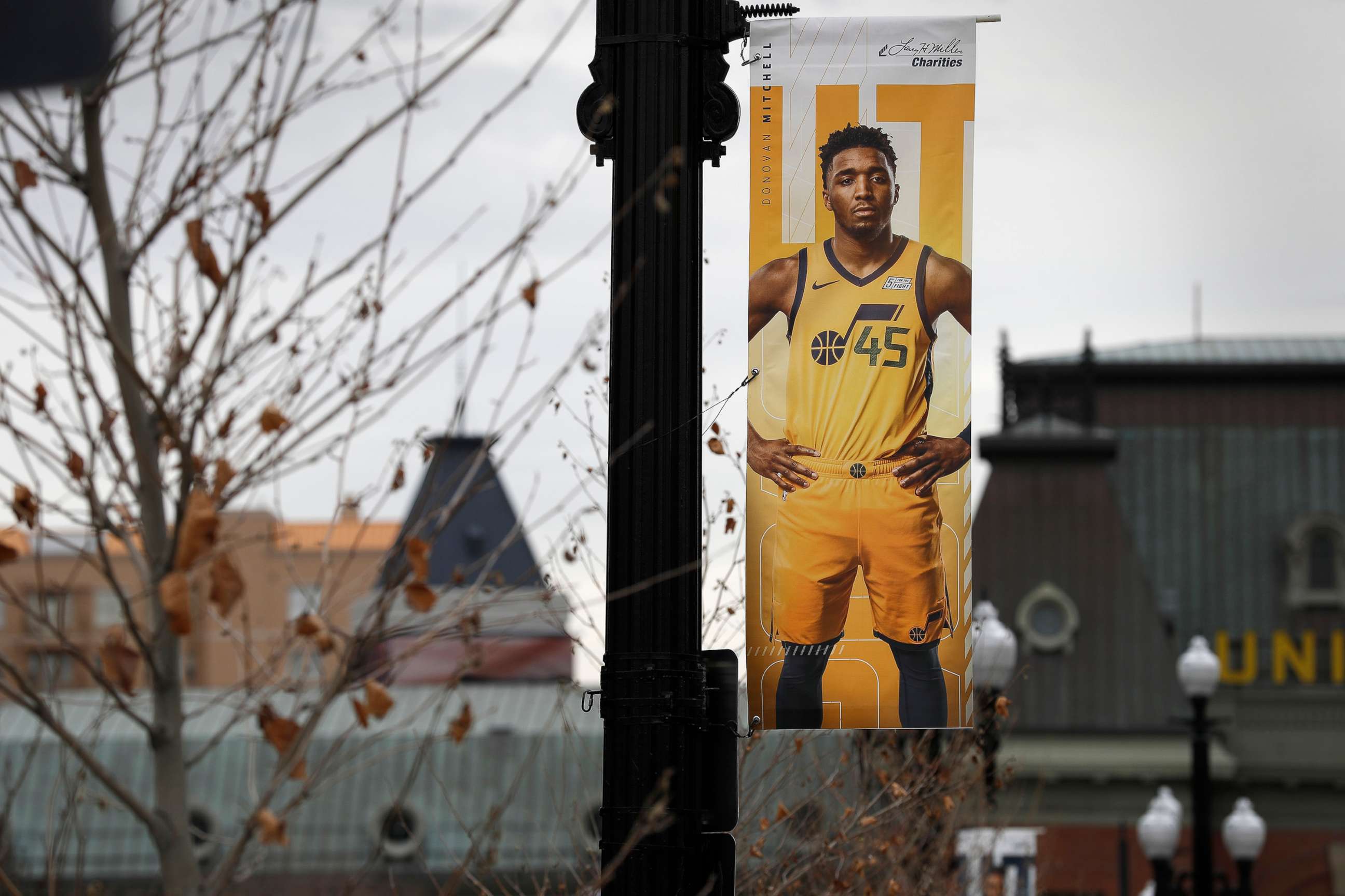 PHOTO: A poster of Utah Jazz guard Donovan Mitchell hangs near an empty main entrance at Vivint Smart Home Arena, in Salt Lake City, Utah, on  March 13, 2020.