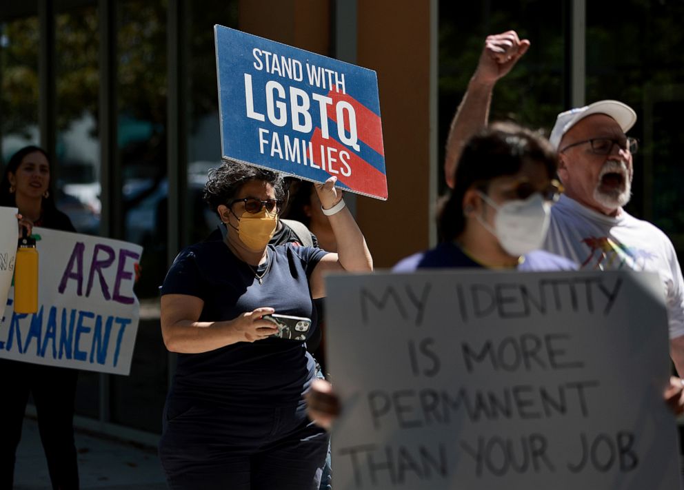 PHOTO: People protest in front of Florida State Senator Ileana Garcia's office after the passage of the Parental Rights in Education bill, dubbed the "Don't Say Gay" bill by LGBTQ activists in Miami, March 09, 2022.