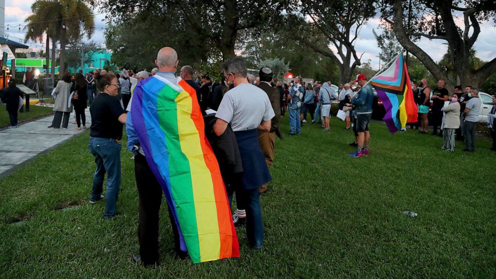 PHOTO: Supporters rally to push back against the so-called "Don't Say Gay" at the Pride Center in Wilton Manors, Fla., Feb. 2, 2022.