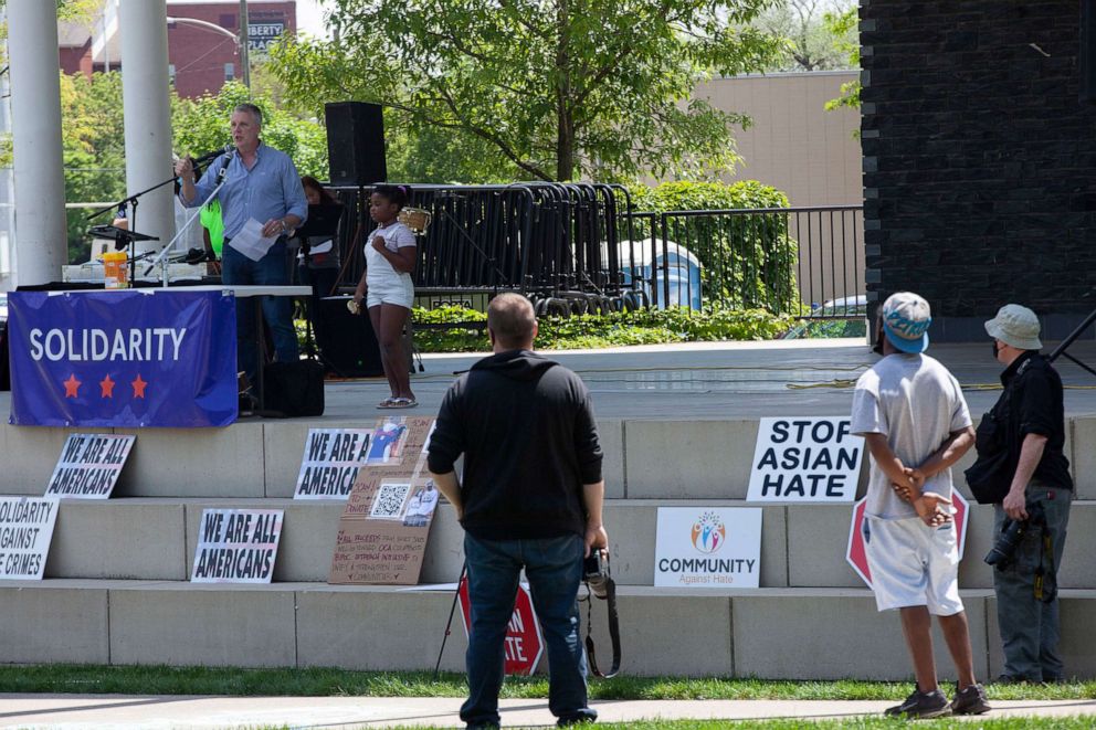 PHOTO: A gay man speaks about inclusiveness for the LGBTQ+ community during the "Solidarity: Ohio United against Hate" rally in support of underrepresented minorities in Ohio including AAPI, Black and LGBTQ+ communities, in Columbus, Ohio, May 16, 2021.