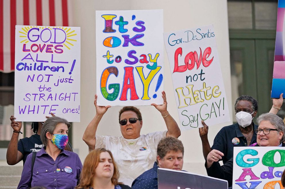 PHOTO: People protest in front of the Florida State Capitol, March 7, 2022, in Tallahassee, Fla. Florida House Republicans advanced a bill, known as the "Don't Say Gay" bill, to forbid discussions of sexual orientation and gender identity in schools.