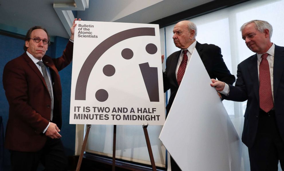 PHOTO: On Jan. 26, 2017, the hands of the Doomsday clock were moved to two and half minutes to midnight. Lawrence Krauss, Thomas Pickering, and David Titley, unveiled it at a press conference in Washington, D.C.