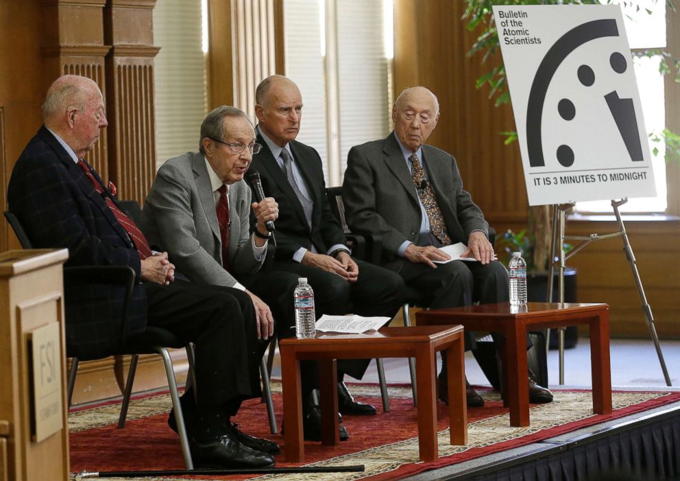 PHOTO: From Left, Former Secy of State George Shultz, former Secy of Defense William Perry, Gov. Jerry Brown, and Jerry Seelig after the unveiling of the Doomsday Clock, Jan. 26, 2016. The minute hand this year was three minutes to midnight. 