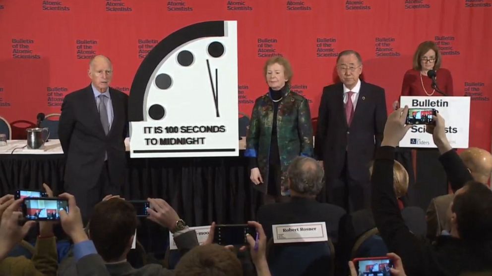 PHOTO: The Bulletin of Atomic Scientists announce the Doomsday Clock is moving 20 seconds closer to midnight, Jan. 23, 2020.