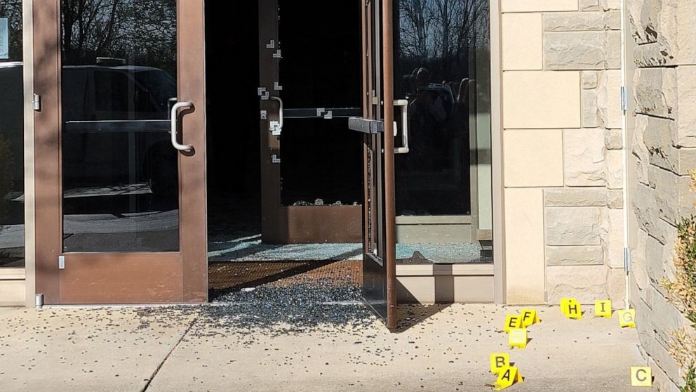 PHOTO: The broken glass doors the shooter fired at to enter the Covenant School building at the Covenant Presbyterian Church, in Nashville, Tenn., March 27, 2023.