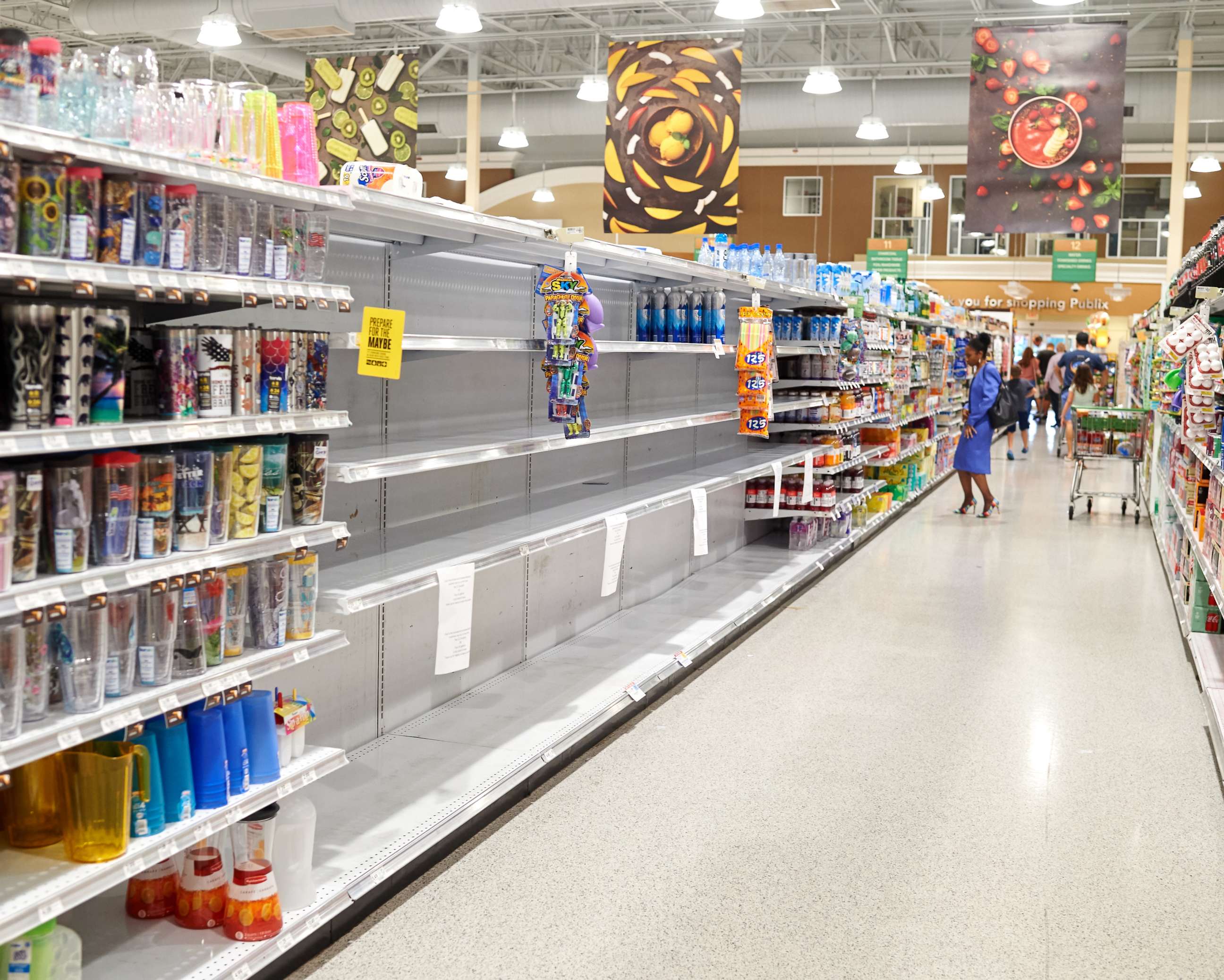 PHOTO: Empty shelves are seen in a drink's section of a store ahead of Hurricane Dorian in Cocoa Beach, Florida, U.S., on Thursday, Aug. 29, 2019.
