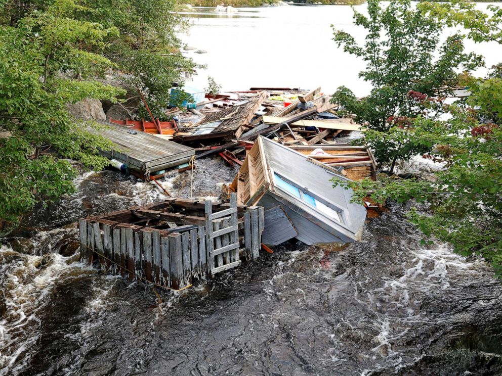 PHOTO: A fishing shed is caught in a river after the departure of Hurricane Dorian in Halifax, Nova Scotia, Canada, Sept. 8, 2019.