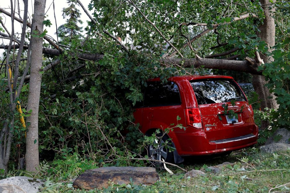 PHOTO: A tree lays on a mini-van after the departure of Hurricane Dorian in Halifax, Nova Scotia, Canada, Sept. 8, 2019. 