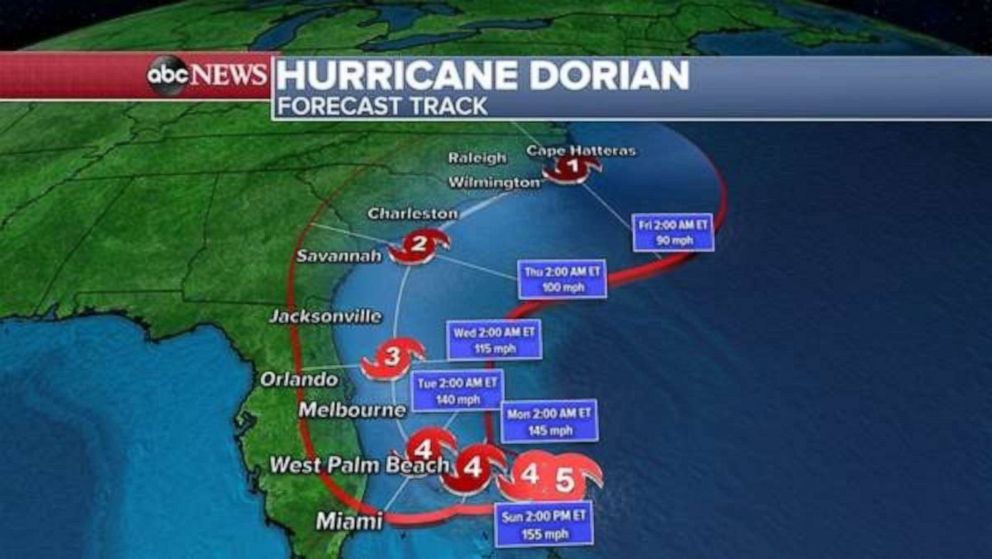 PHOTO: The planned trajectory for Hurricane Dorian, September 1, 2019. 