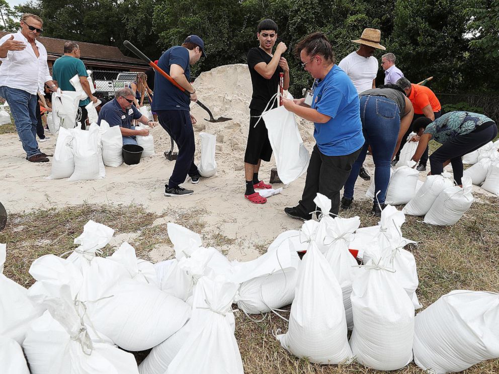 PHOTO: Orange County residents fill sandbags at Blanchard Park in Orlando, Fla., Aug. 28, 2019. The sandbags are being offered in advance of Hurricane Dorian, which is forecast to likely hit Florida.