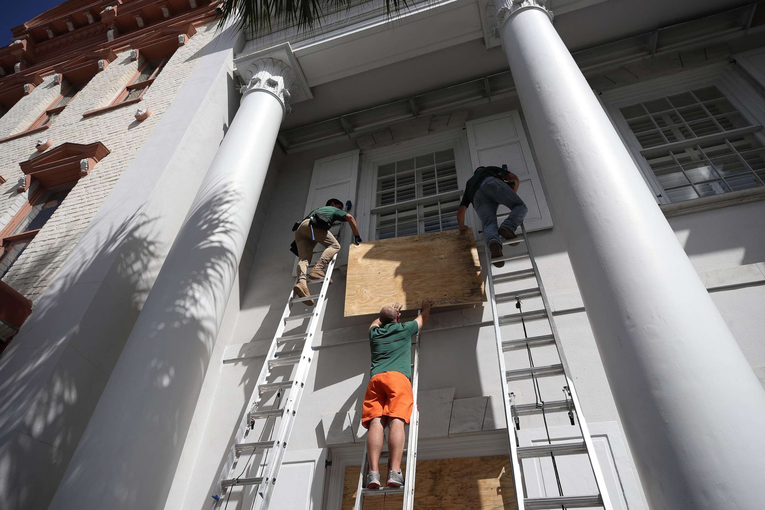 PHOTO: A bank is boarded up with plywood for the arrival of Hurricane Dorian in Charleston, South Carolina, September 3, 2019.