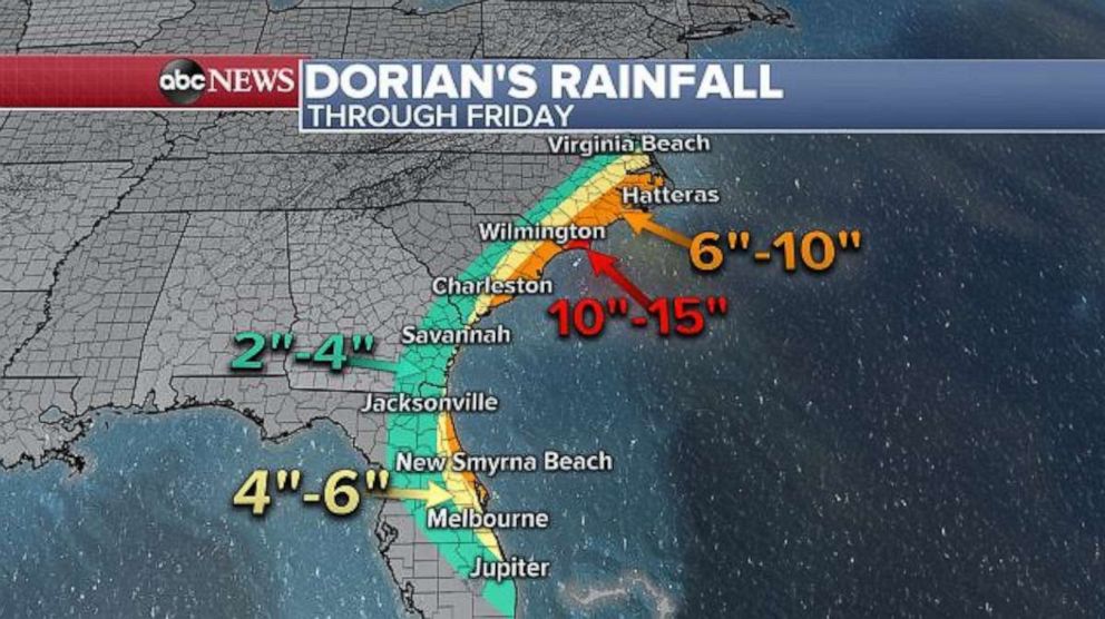 PHOTO: Even if it remains largely offshore, 10 to 15 inches of rain is possible along the Carolina coast.
