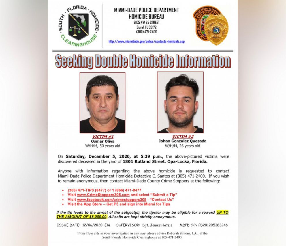 PHOTO: Miami-Dade Police released photos to ask for help in the investigation of the deaths of Osmar Oliva, and Johan Gonzalez Quesada, who officials say were discovered deceased in the yard of an abandoned home in Opa-Locka, Fla., on Dec. 5, 2020.