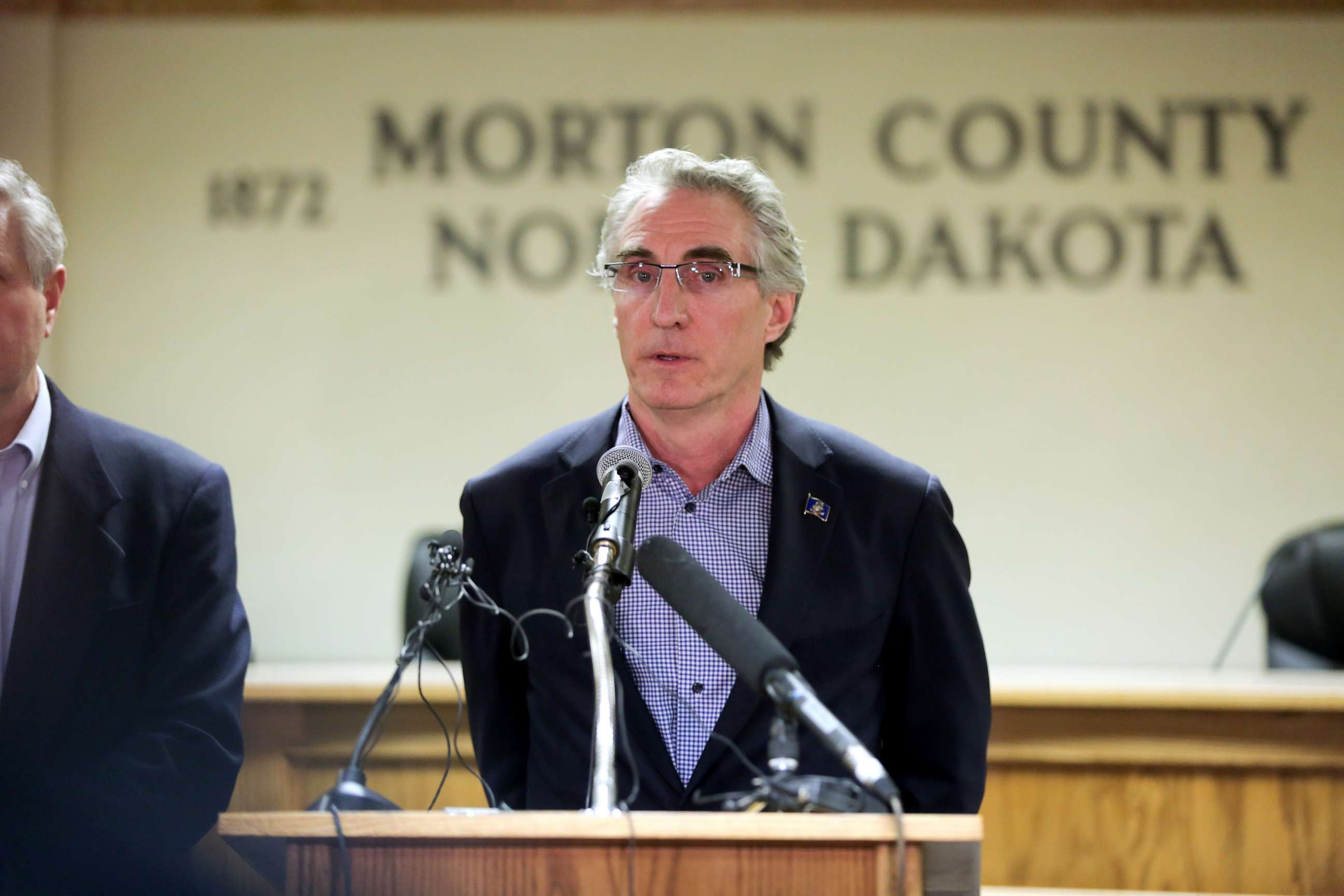 PHOTO: North Dakota Governor Doug Burgum speaks during a press conference announcing plans for the clean up of the Oceti Sakowin protest camp on Feb. 22, 2017 in Mandan, N.D.