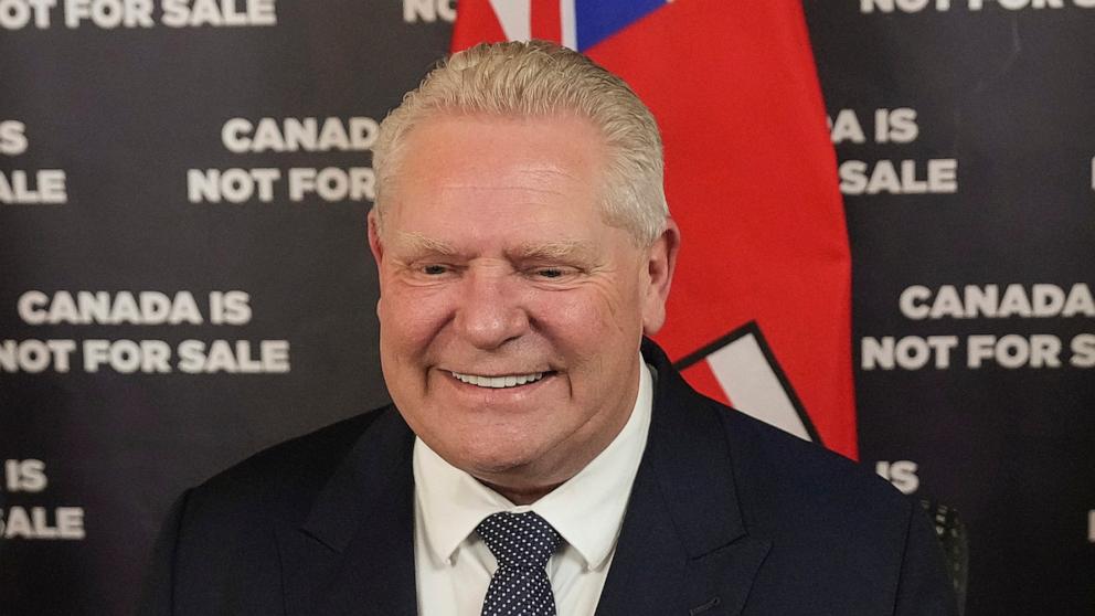 PHOTO: Ontario Premier Doug Ford prepares to speak to an American news outlet in his office at the Queens Park Legislature in Toronto, Mar. 10, 2025.