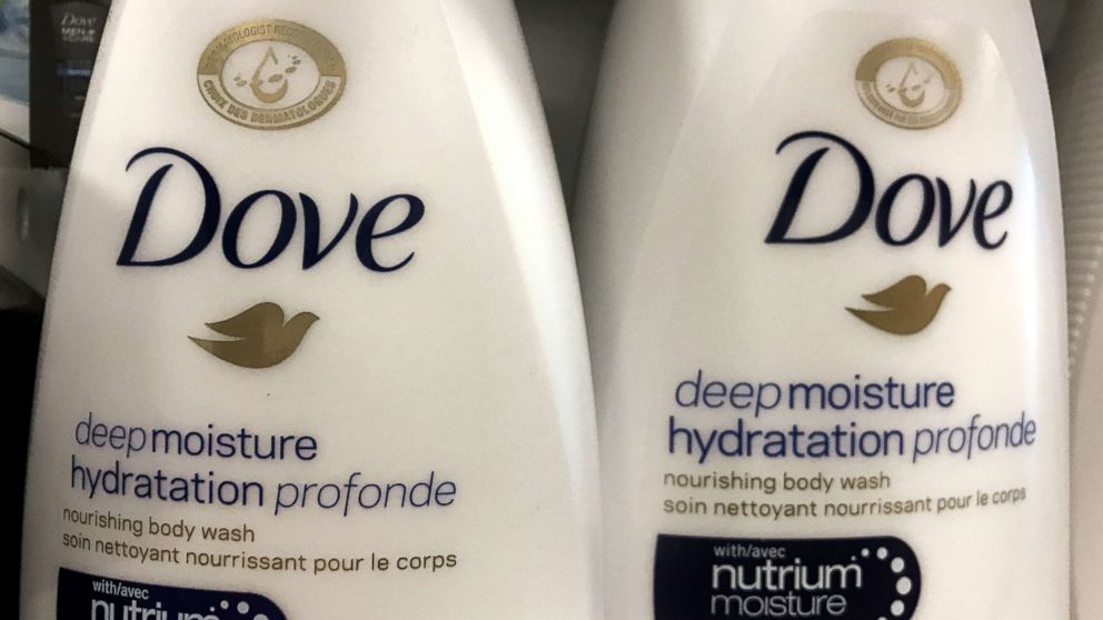 Two bottles of Dove's Deep Moisture body wash are displayed in Toronto, Oct. 8, 2017.  