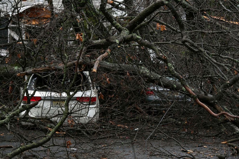 PHOTO: A fallen tree crushed two cars and damaged a nearby house in Glen Rock, New Jersey, Dec. 25, 2020.