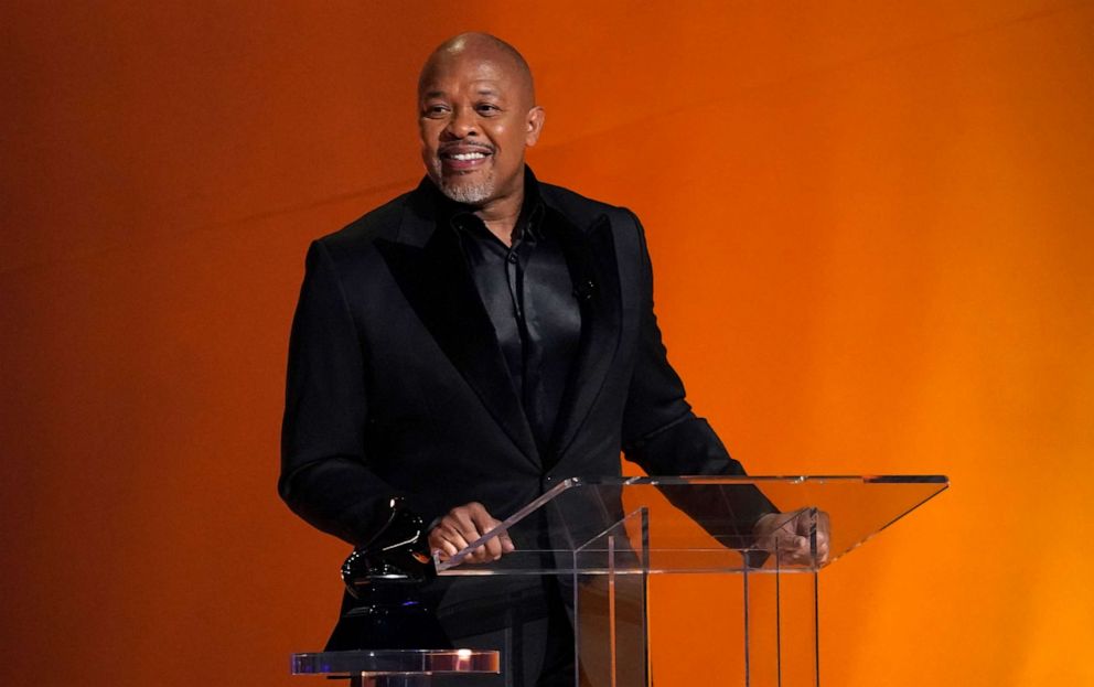 PHOTO: Dr. Dre accepts the Dr. Dre global impact award at the 65th annual Grammy Awards, Feb. 5, 2023, in Los Angeles.