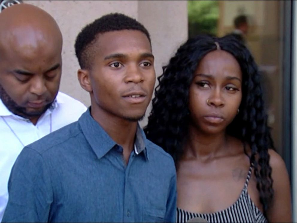 PHOTO: Dravon Ames and his pregnant fiancee, Iesha Harper, speak at a news conference, June 17, 2019.