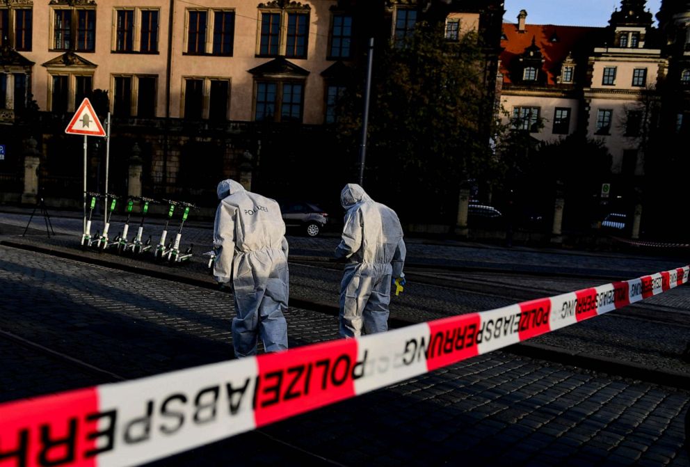 PHOTO: Police Forensics officers investigate the area near the Dresden Castle, in Dresden, Germany, Nov. 25, 2019, after a robbery of the Dresden Treasury Green Vault.
