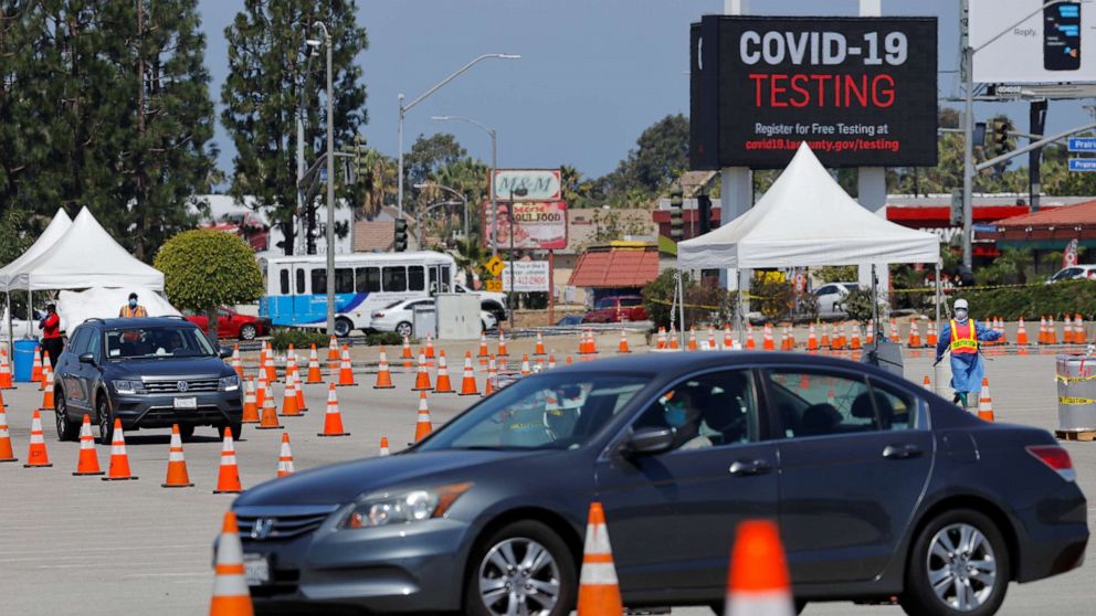 PHOTO: A drive-through testing center is shown in operation during an outbreak of the coronavirus disease (COVID-19) in Inglewood, California, July 20, 2020.
