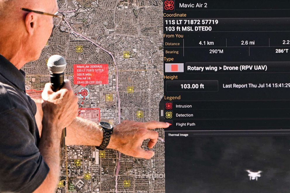 PHOTO: Jim Bamberger, branch chief of the TSA Public Area Security Infrastructure Protection Program, points to a map of a drone incursion and a thermal image while speaking about drone detection technology at LAX in Los Angeles, Aug. 25, 2022.