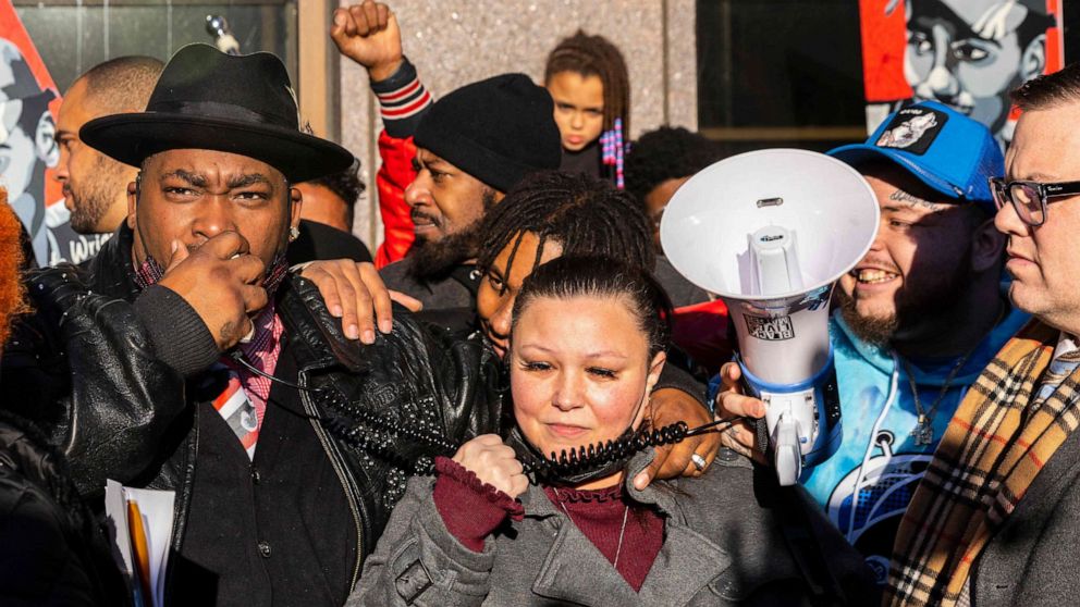 PHOTO: Aubrey Wright and Katie Wright, parents of Daunte Wright, speak outside the Hennepin County Courthouse after the verdict was announced in the trial of former police officer Kim Potter in Minneapolis, Minnesota, Dec. 23, 2021.