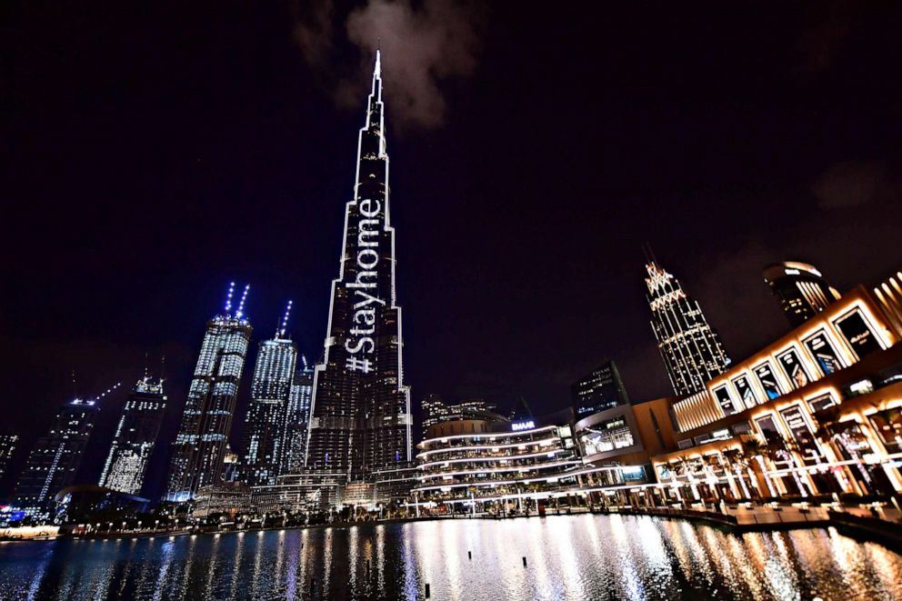 PHOTO: Dubai's Burj Khalifa is lit up with a message "Stay Home," reminding citizens to stay home amid the COVID-19 pandemic, on March 24, 2020.