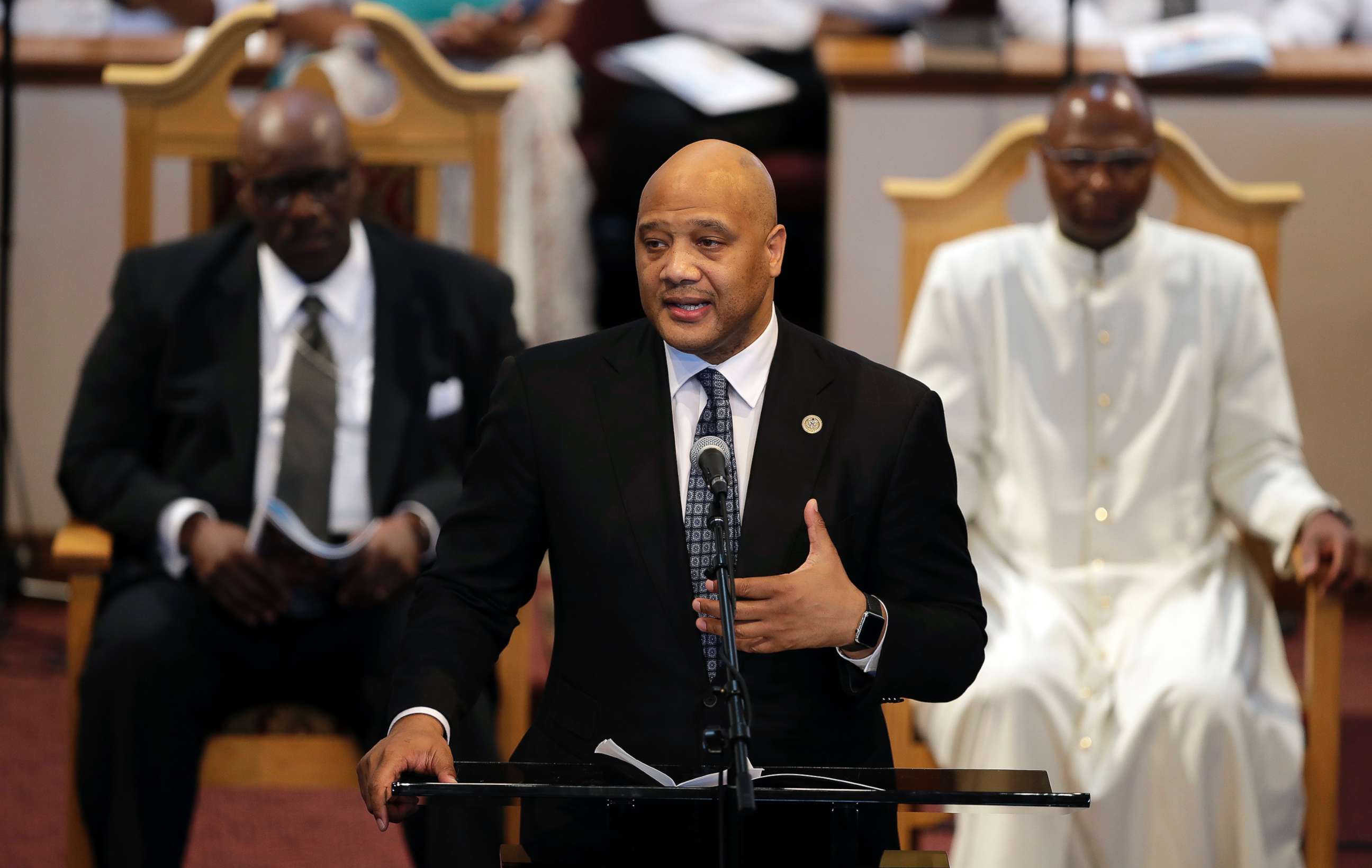 PHOTO: Congressman Andre Carson speaks during the funeral of Glenn Coleman, Reece Coleman, Evan Coleman and Arya Coleman, Friday, July 27, 2018, in Indianapolis.