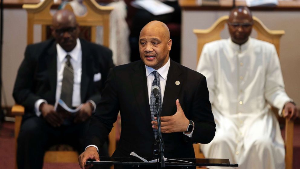 PHOTO: Congressman Andre Carson speaks during the funeral of Glenn Coleman, Reece Coleman, Evan Coleman and Arya Coleman, Friday, July 27, 2018, in Indianapolis.