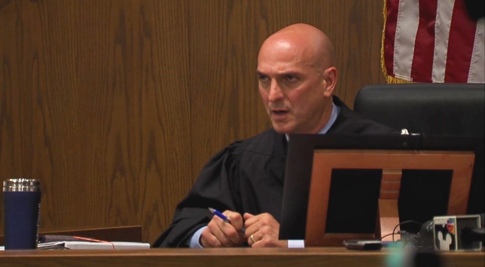 PHOTO: Judge John Russo of the Cuyahoga County Common Pleas Court in Cleveland, Ohio, reads a statement apologizing for duct taping the mouth of a defendant, Aug. 6, 2018.