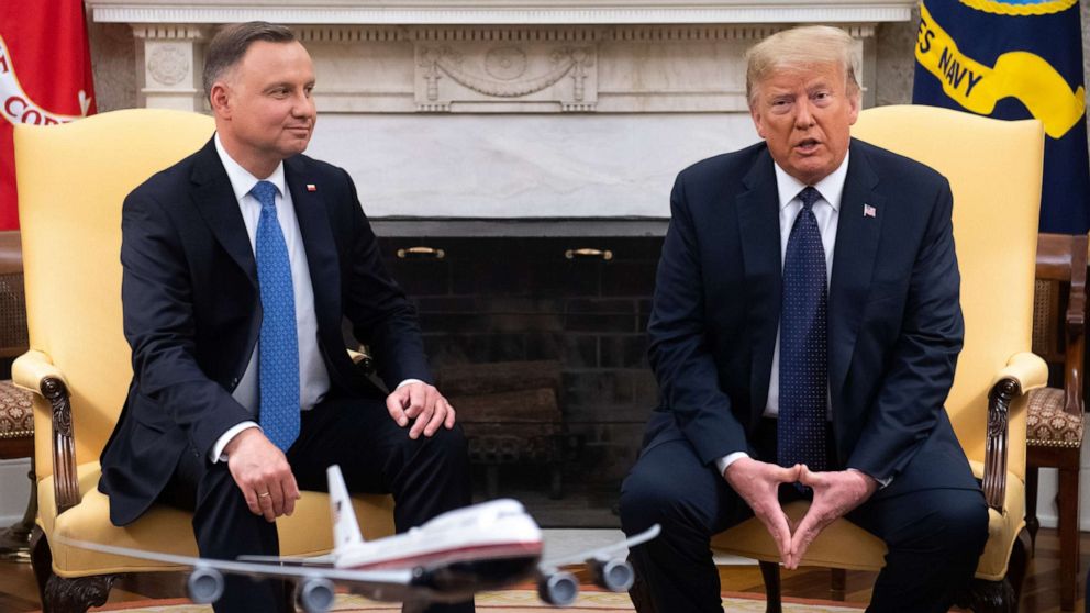 PHOTO: President Donald Trump and Polish President Andrzej Duda hold a meeting in the Oval Office of the White House in Washington, June 24, 2020.
