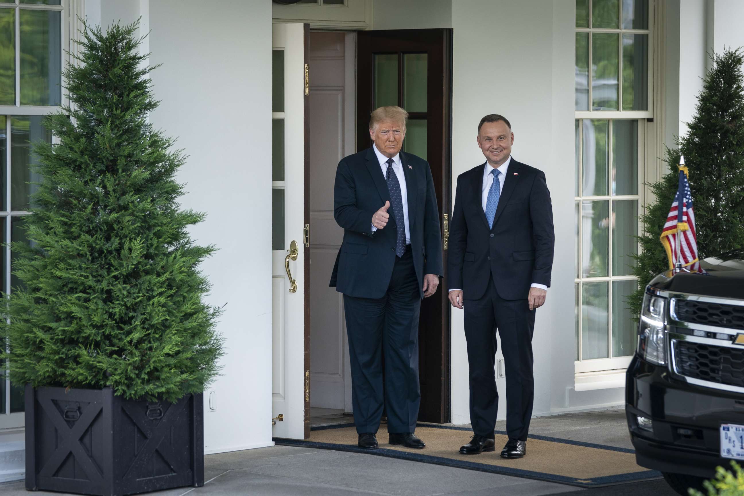 PHOTO: President Donald Trump greets Polish President Andrzej Duda as he arrives at the West Wing of the White House on June 24, 2020 in Washington, DC.