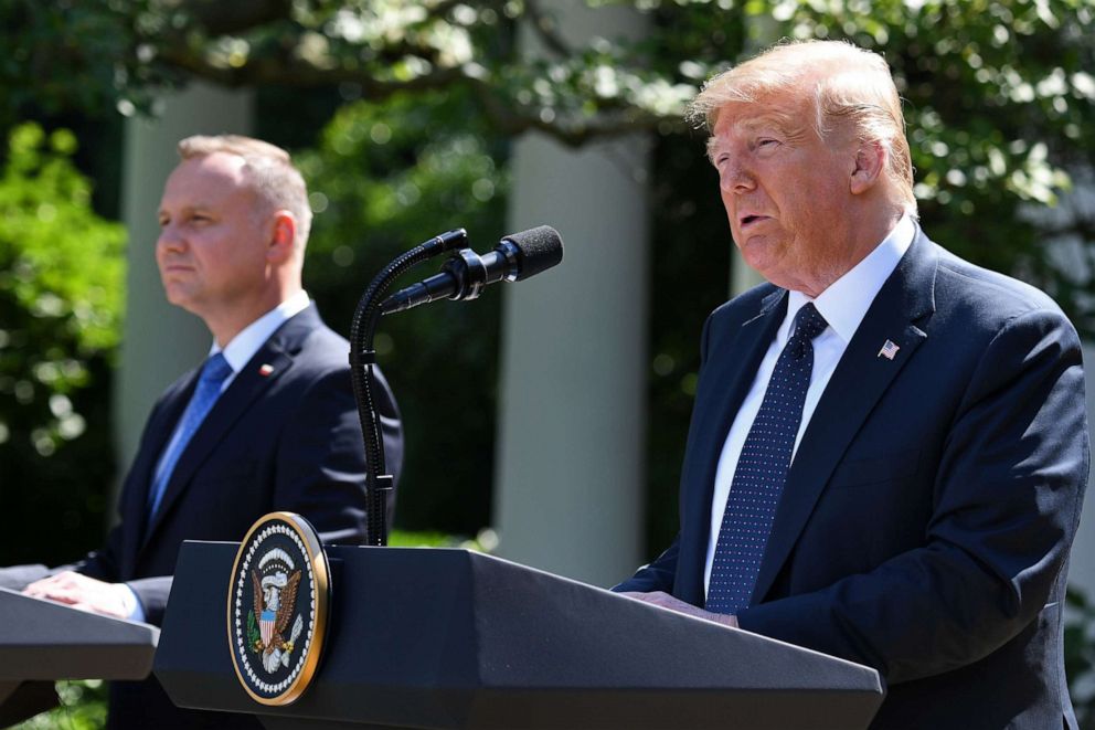 PHOTO: President Donald Trump and Polish President Andrzej Duda hold a joint press conference in the Rose Garden of the White House in Washington, June 24, 2020. 