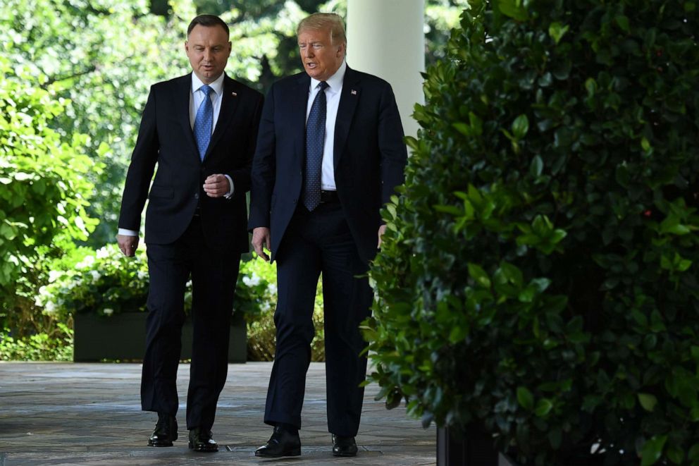 PHOTO: President Donald Trump and Polish President Andrzej Duda walk before a holding a joint press conference in the Rose Garden of the White House in Washington, DC, June 24, 2020.