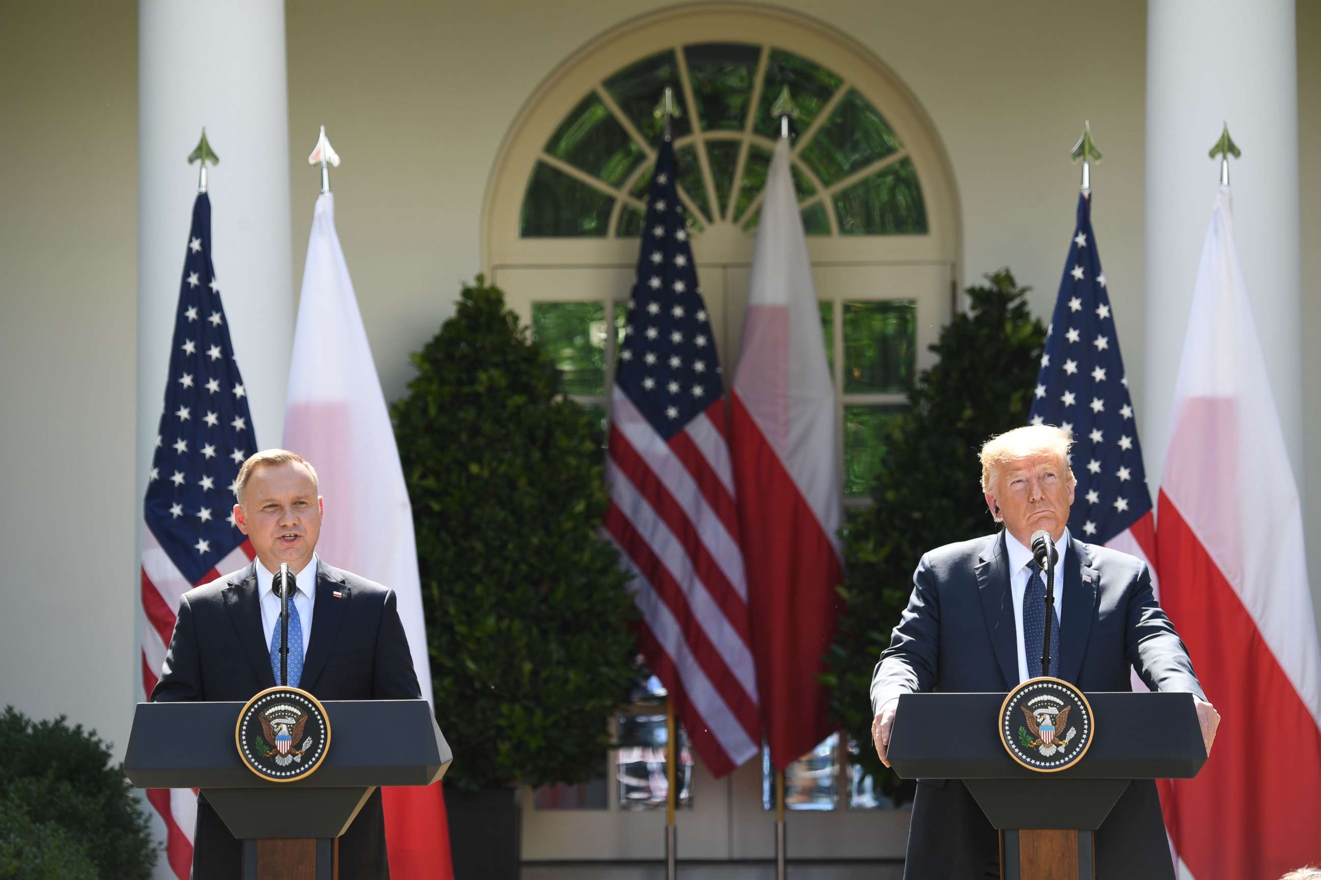 PHOTO: Donald Trump and Polish President Andrzej Duda hold a joint press conference in the Rose Garden of the White House in Washington, June 24, 2020.