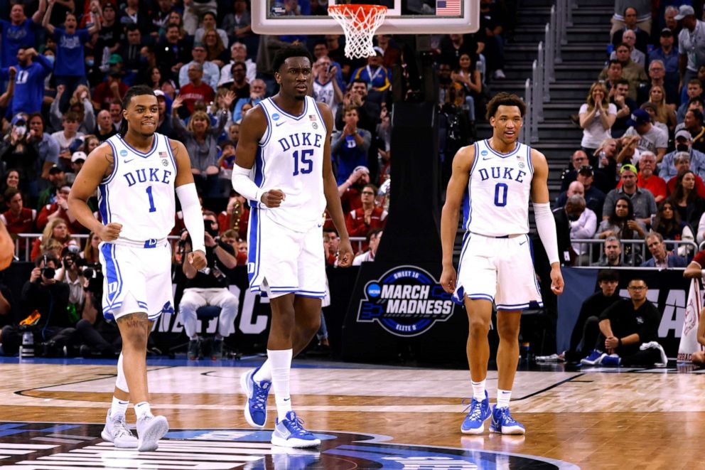 PHOTO: L-R, Trevor Keels, Mark Williams, and Wendell Moore Jr. of the Duke Blue Devils walk on the court in the second half of their game against the Arkansas Razorbacks in the 2022 NCAA Men's Basketball Tournament, March 26, 2022 in San Francisco.