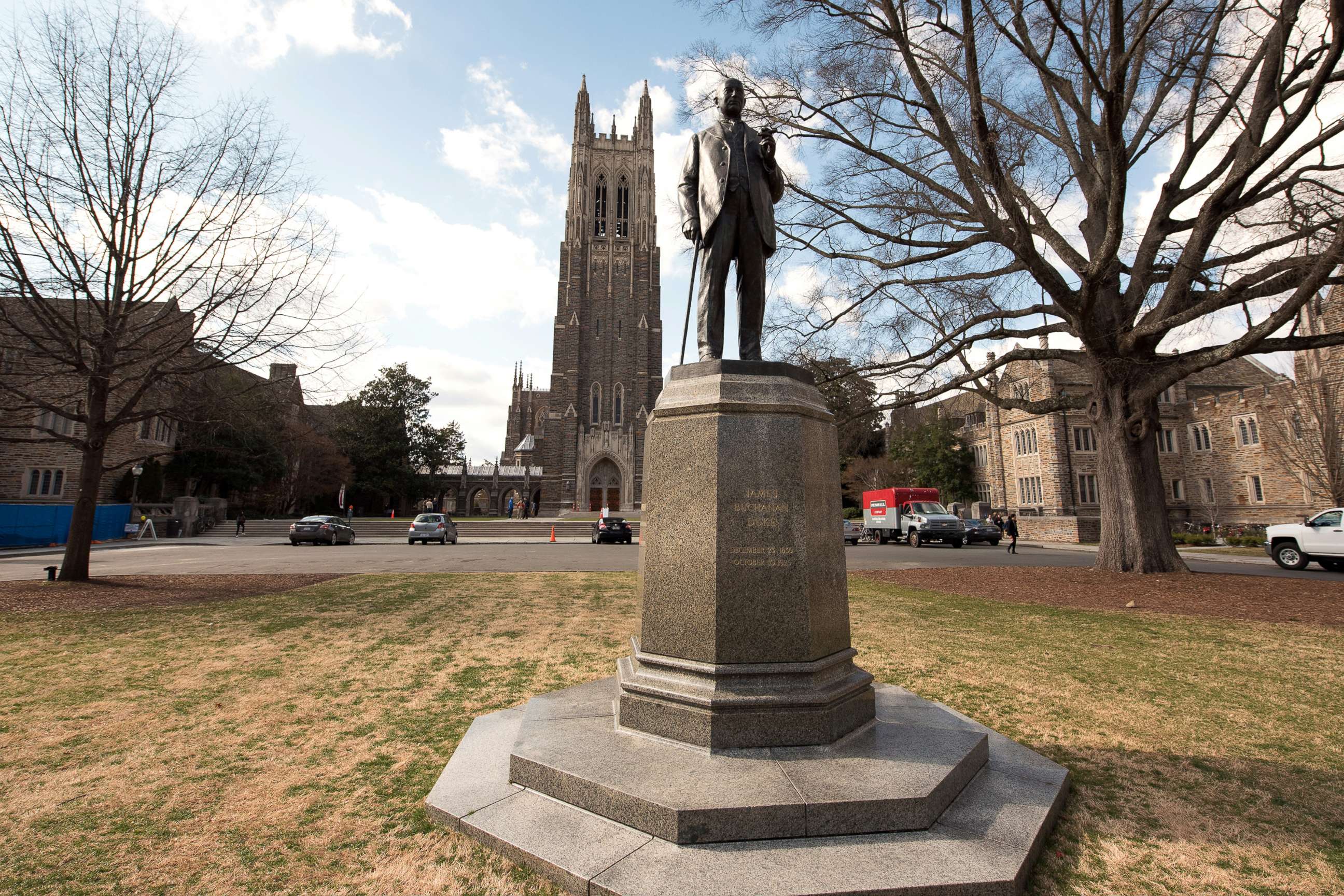 PHOTO: A status of James Buchanan Duke sits in front of the Duke University Chapel on the campus of the school in Durham, N.C., March 4, 2016.