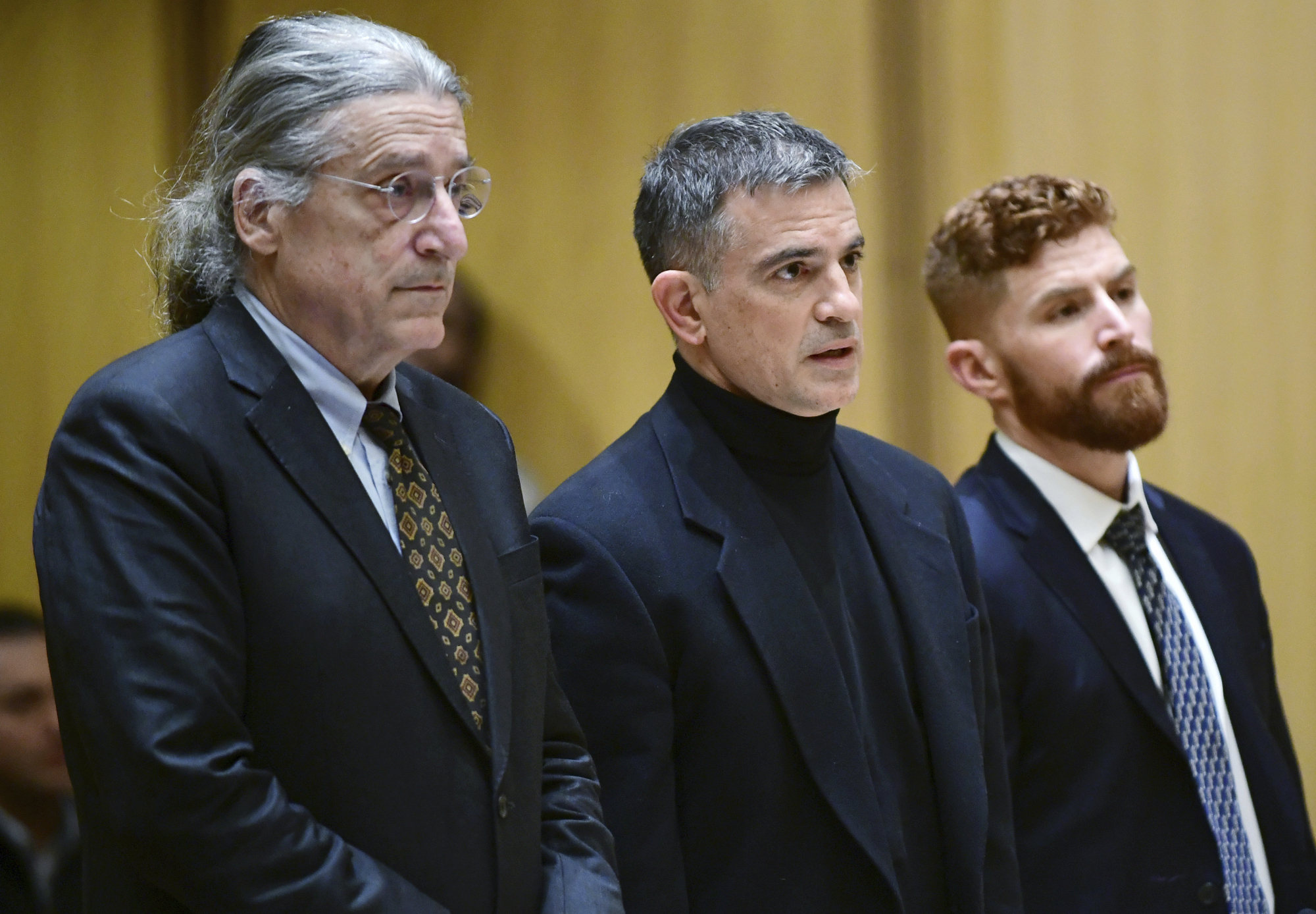 PHOTO: Fotis Dulos, center, and his attorneys Norm Pattis, left and Chris La Tronica appear for a probable cause hearing in Stamford Superior Court, Jan. 23, 2020, in Stamford, Conn.