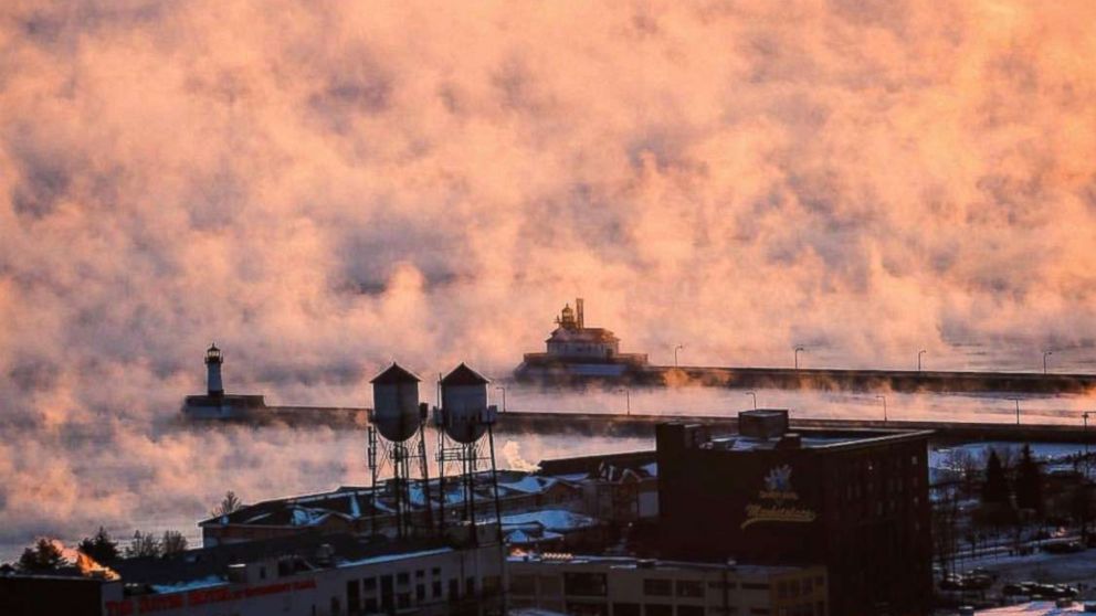 PHOTO: The still relatively mild water surface of the lake interacts with arctic air creating steam or fog that rises from the lake, Dec. 26, 2017 Duluth, Minn. 