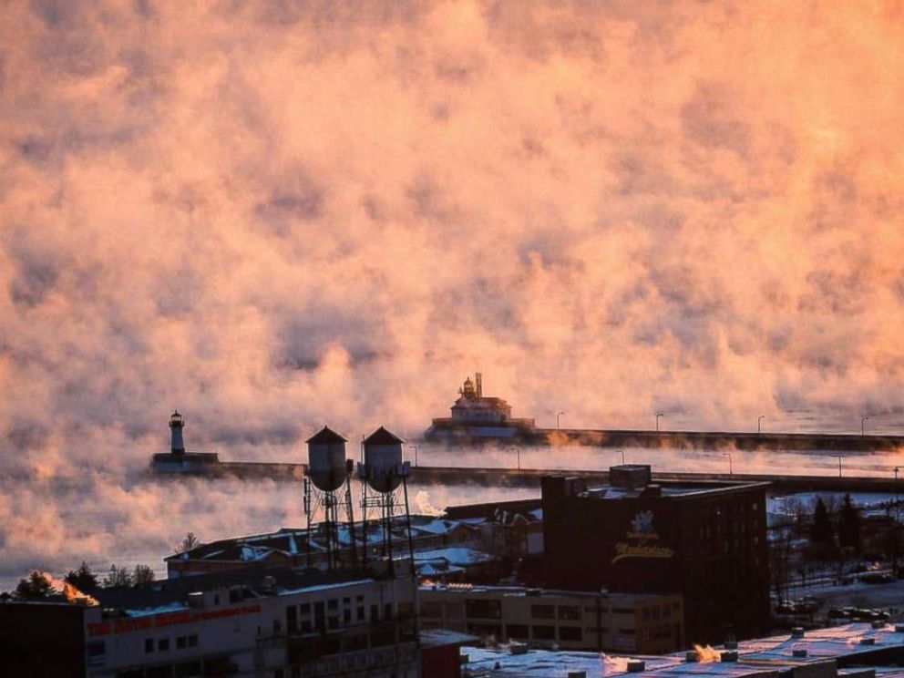PHOTO: The still relatively mild water surface of the lake interacts with arctic air creating steam or fog that rises from the lake, Dec. 26, 2017 Duluth, Minn. 