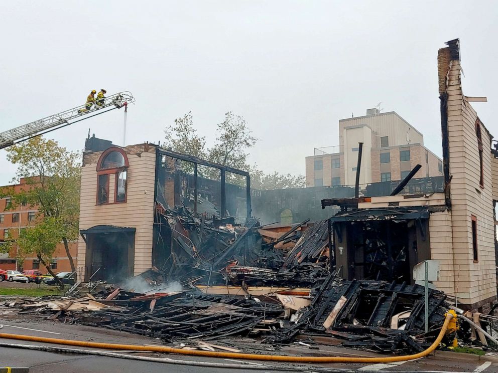 PHOTO: Firefighters work the scene of an overnight fire that engulfed and destroyed a synagogue in downtown Duluth, Minn., Sept. 9, 2019.