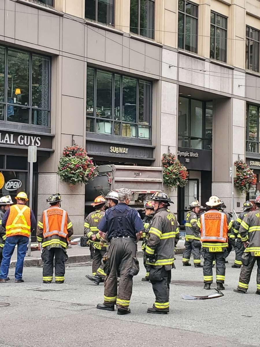 PHOTO: Authorities in Seattle, Washington, are investigating a crash in which a speeding dump truck crashing into a pedestrian as well as several vehicles before slamming into a Subway restaurant. Five people were injured and taken to the hospital.