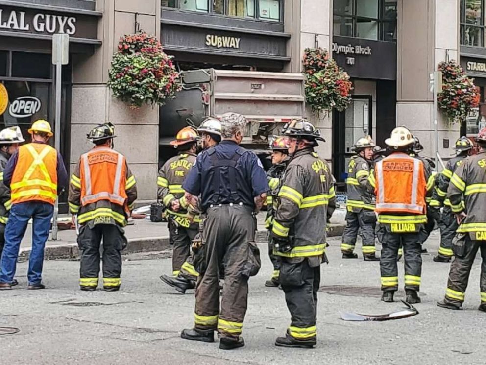 PHOTO: Authorities in Seattle, Washington, are investigating a crash in which a speeding dump truck crashing into a pedestrian as well as several vehicles before slamming into a Subway restaurant. Five people were injured and taken to the hospital.
